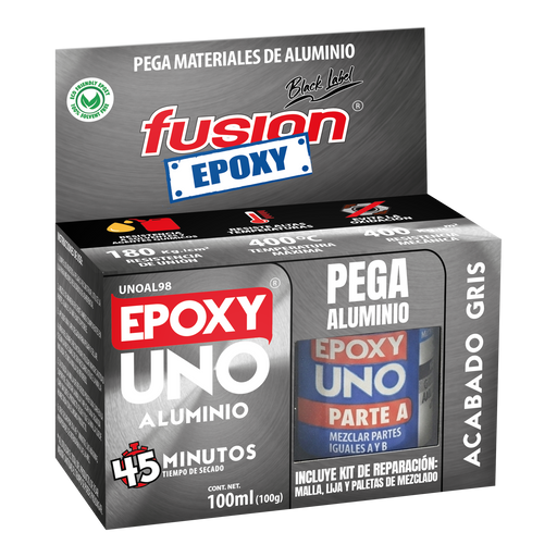 Vista lateral del empaque del Epoxy UNO Aluminio 100 ml Fusion Epoxy UNOAL98, adhesivo epóxico bicomponente