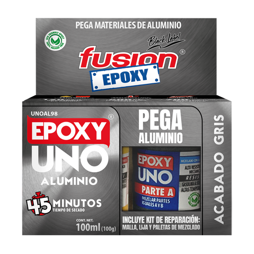 Vista frontal del empaque del Epoxy UNO Aluminio 100 ml Fusion Epoxy UNOAL98, adhesivo epóxico para aluminio