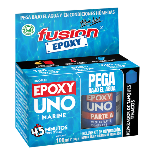 Vista lateral del empaque del Epoxy UNO Marine azul 100 g Fusion Epoxy UNOM98, para reparar bajo el agua