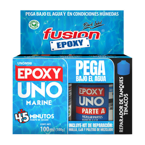 Vista frontal del empaque del Epoxy UNO Marine azul 100 g Fusion Epoxy UNOM98, adhesivo epóxico sumergible