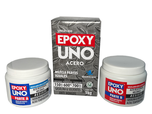 Epoxy Uno Acero Fusion Epoxy 1 kg UNOA1000 con caja y tarros Parte A y B, adhesivo epóxico para metales