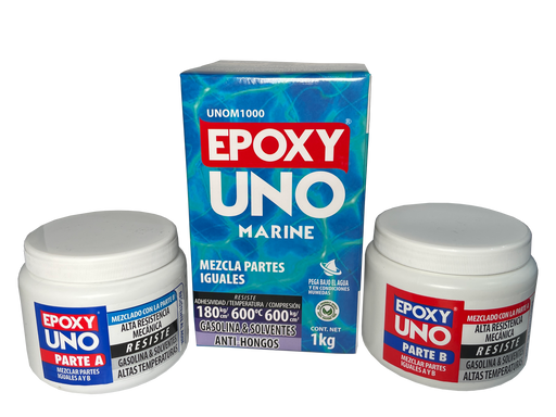 Epoxy Uno Marine Fusion Epoxy 1 kg UNOM1000 con caja y tarros Parte A y B, adhesivo epóxico sumergible